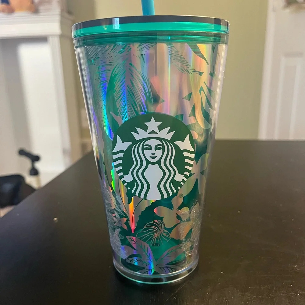 New 2022 Starbucks Summer Grande Silver and Green Foliage‎ Tumbler 16oz